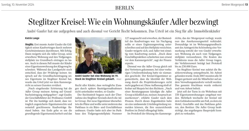Zeitungsartikel in der Berliner Morgenpost – Bericht über PROfinance und den juristischen Erfolg 2023 zum Schutz privater Eigentümer und Anleger vor Spekulation